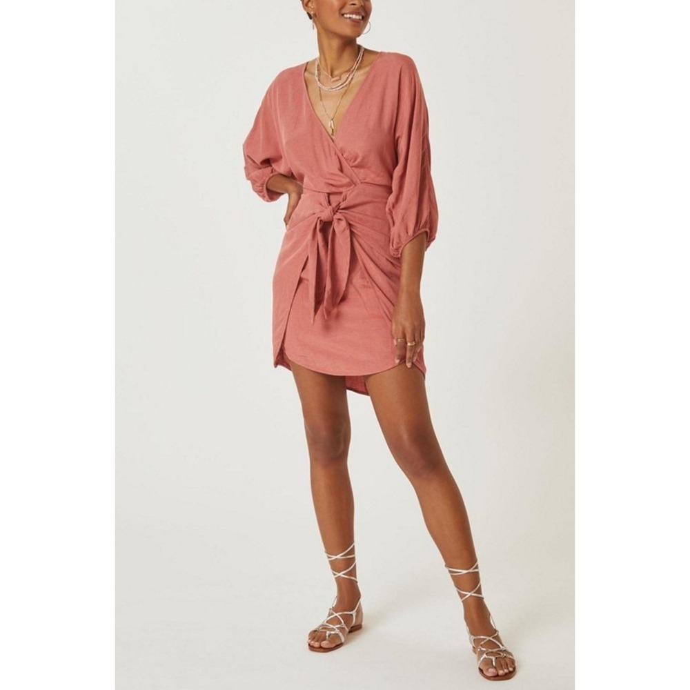 Anthropologie Tie-Front Wrap Mini Dress Size 8 Rust Viscose Linen 3/4 Sleeves - Picture 16 of 16